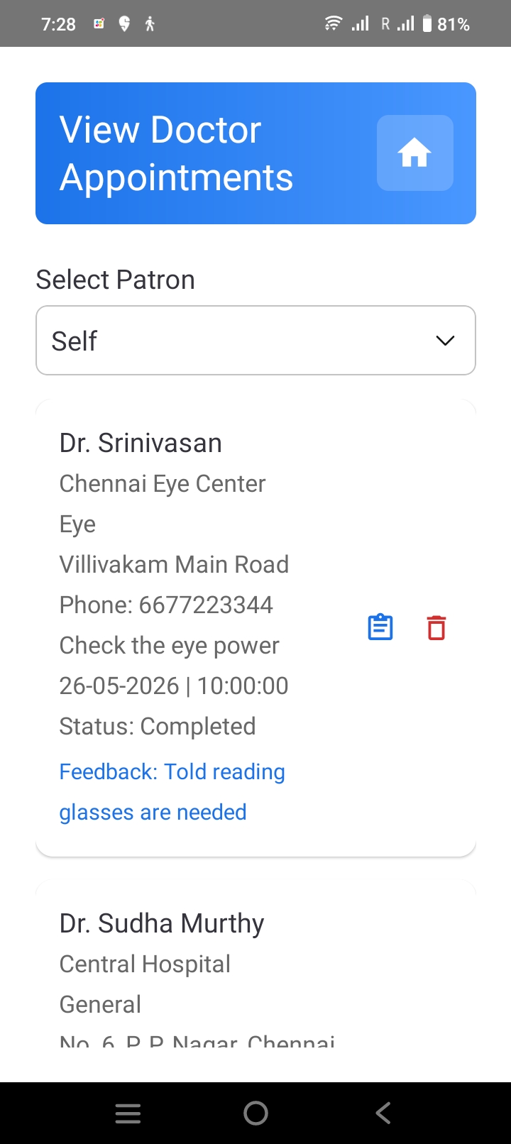 ELDARA doctor appointments screen