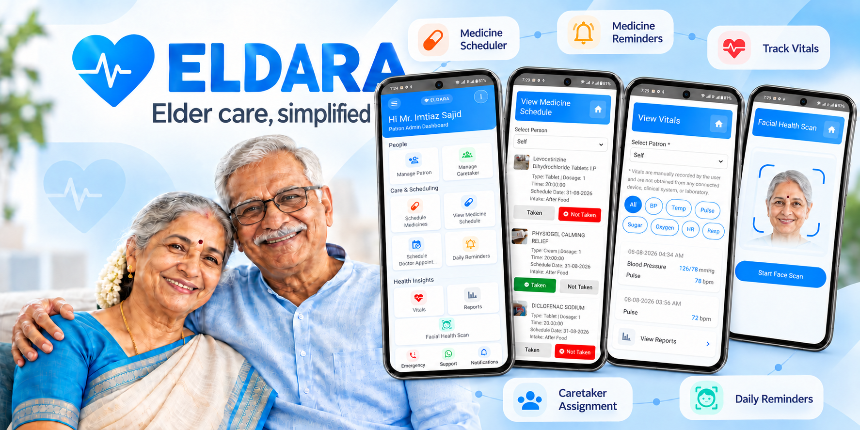 ELDARA elder care app banner with feature screens