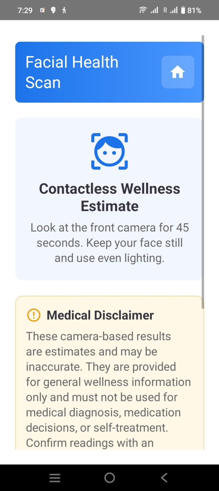 ELDARA facial health scan screen